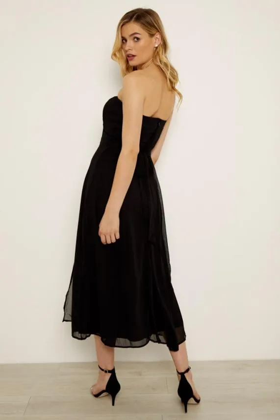 Sosandar Black Front Split Detail Belted Bandeau Dress Black Women Dresses