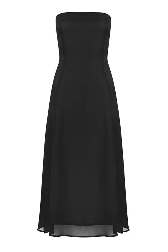 Sosandar Black Front Split Detail Belted Bandeau Dress Black Women Dresses