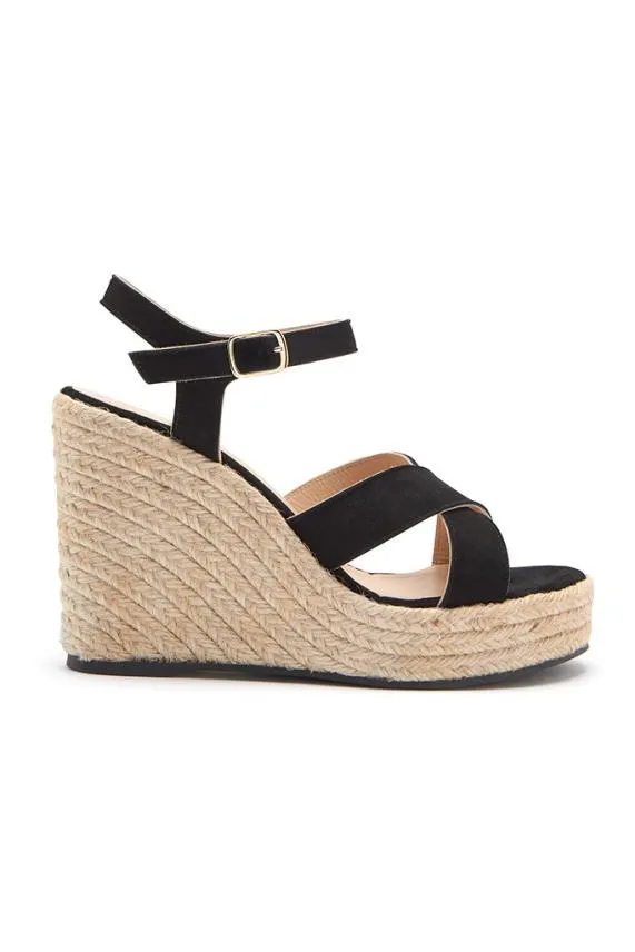 Sosandar Black Havana Suede Espadrille Wedges Black Women Wedges