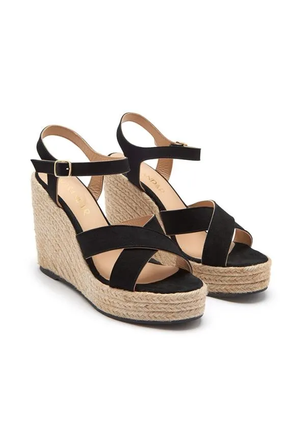 Sosandar Black Havana Suede Espadrille Wedges Black Women Wedges