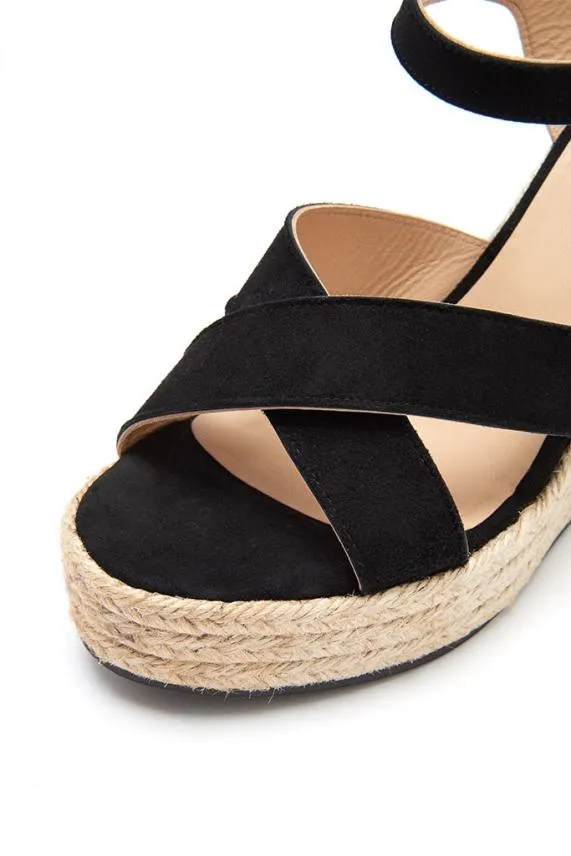 Sosandar Black Havana Suede Espadrille Wedges Black Women Wedges