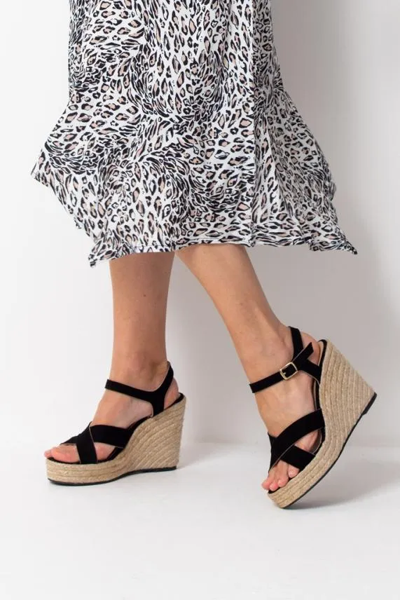 Sosandar Black Havana Suede Espadrille Wedges Black Women Wedges