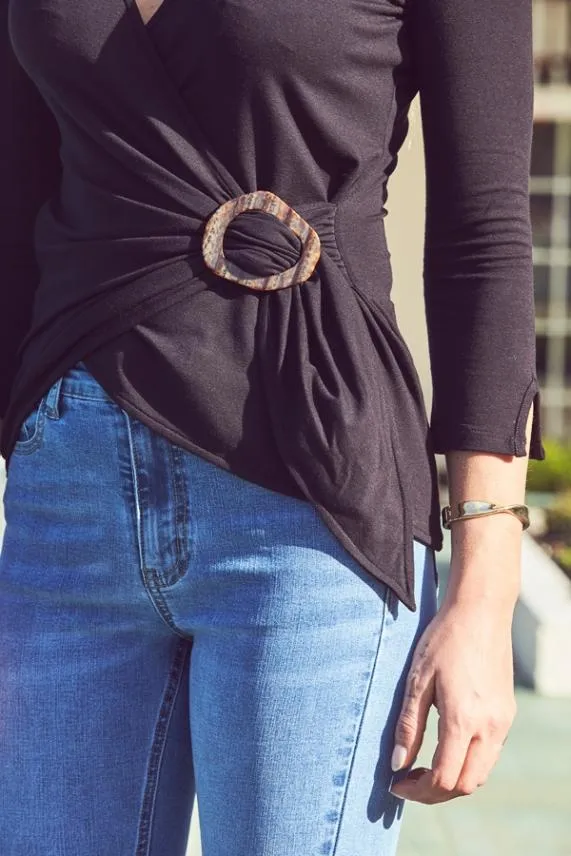 Sosandar Black Hoop Detail Wrap Top Black Women Tops