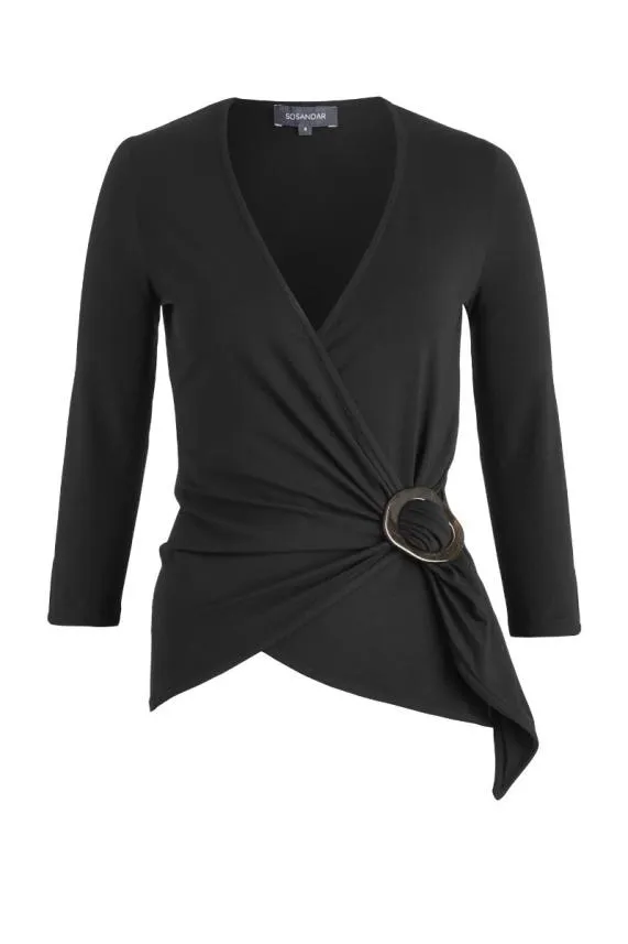 Sosandar Black Hoop Detail Wrap Top Black Women Tops