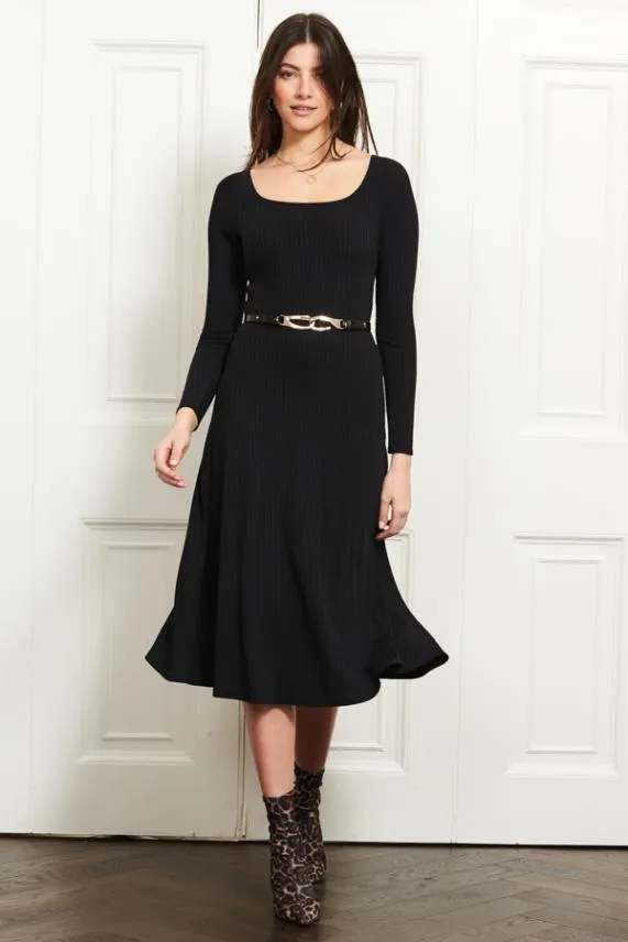 Sosandar Black Jersey Ribbed Fit and Flare Midi Dress Black Women Dresses
