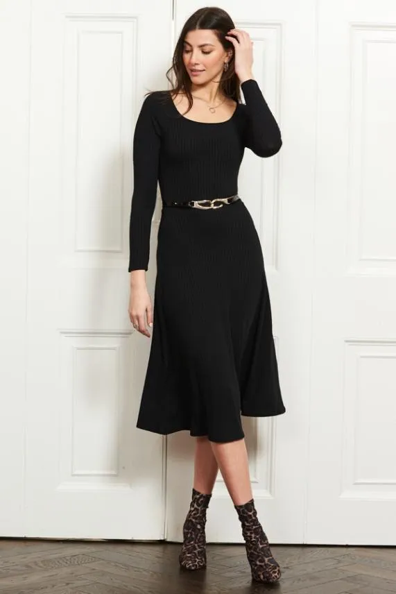 Sosandar Black Jersey Ribbed Fit and Flare Midi Dress Black Women Dresses