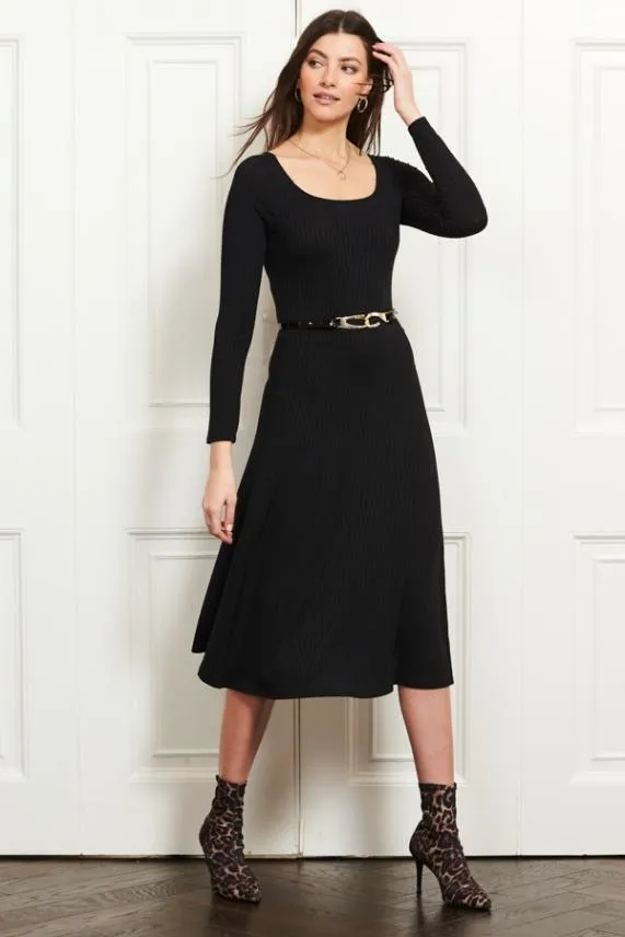 Sosandar Black Jersey Ribbed Fit and Flare Midi Dress Black Women Dresses