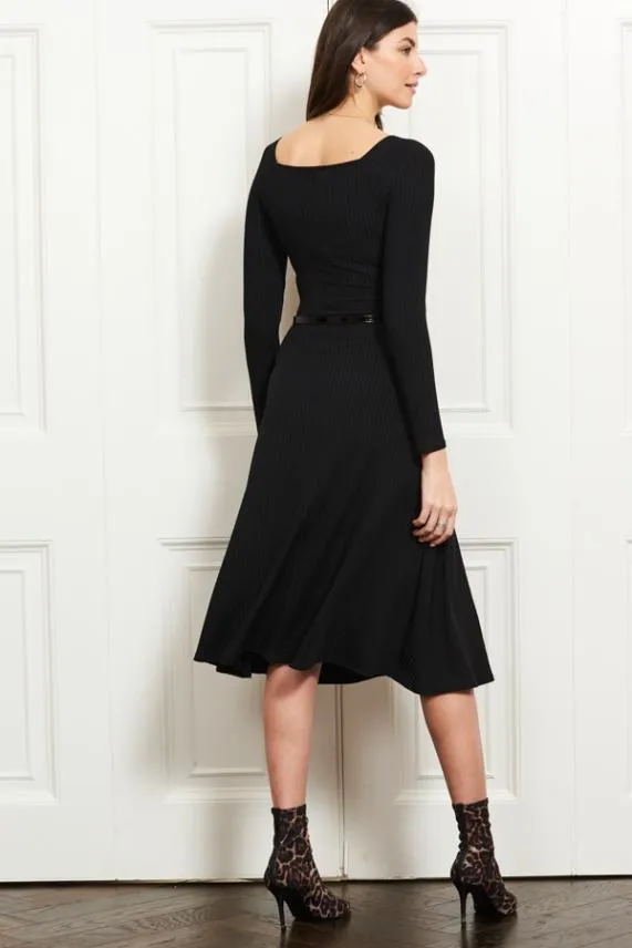 Sosandar Black Jersey Ribbed Fit and Flare Midi Dress Black Women Dresses