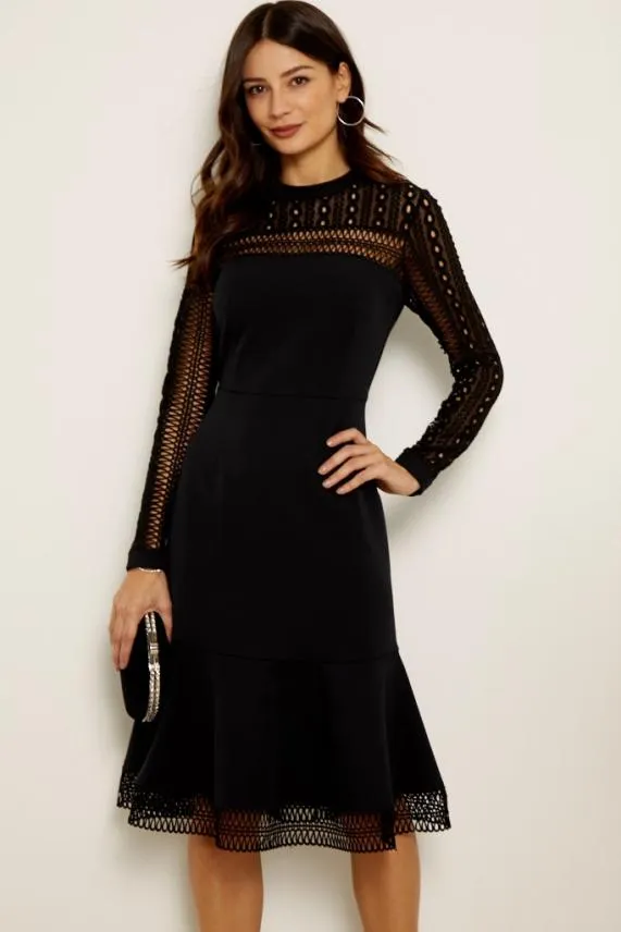 Sosandar Black Lace Panelled Ruffle Hem Dress Black Women Dresses