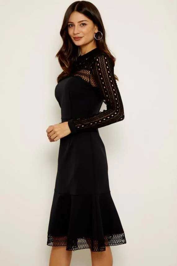 Sosandar Black Lace Panelled Ruffle Hem Dress Black Women Dresses