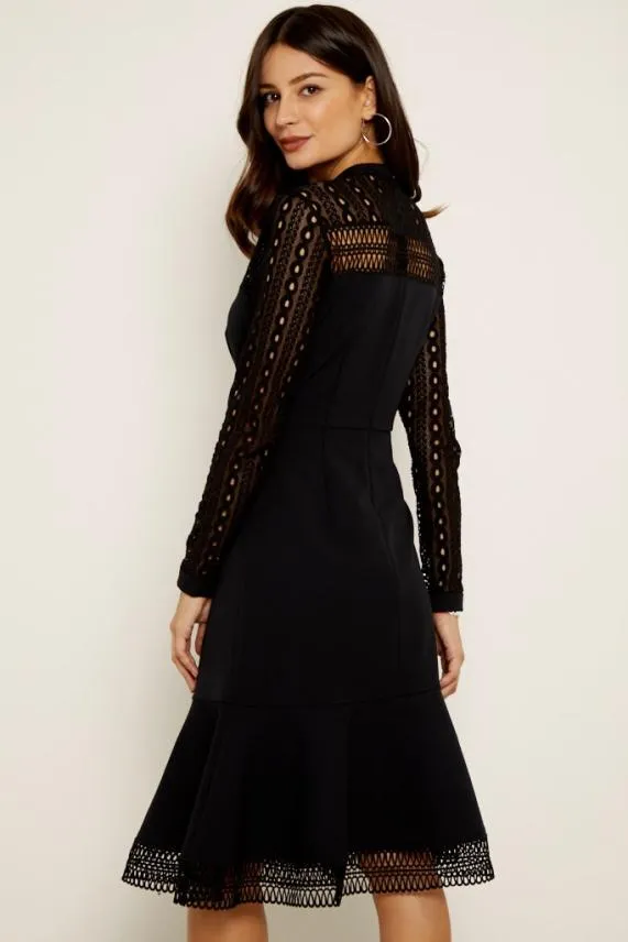 Sosandar Black Lace Panelled Ruffle Hem Dress Black Women Dresses