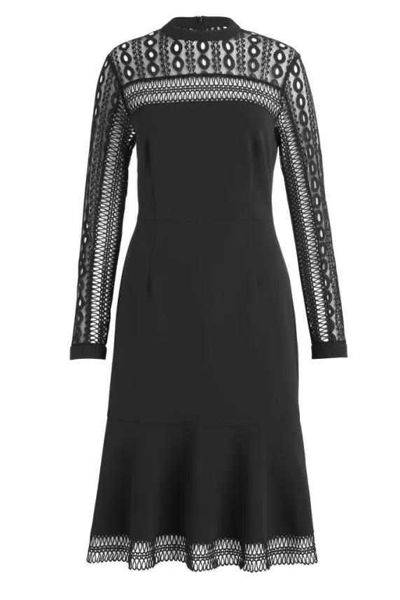 Sosandar Black Lace Panelled Ruffle Hem Dress Black Women Dresses