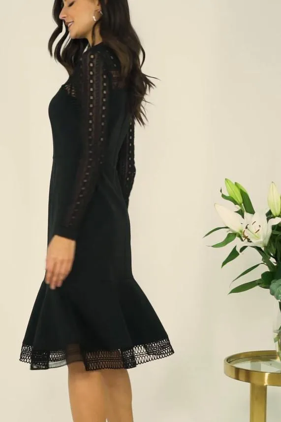 Sosandar Black Lace Panelled Ruffle Hem Dress Black Women Dresses