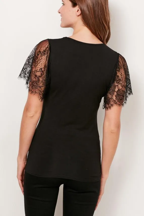 Sosandar Black Lace Sleeve Top Black Women Tops