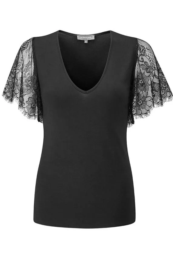 Sosandar Black Lace Sleeve Top Black Women Tops