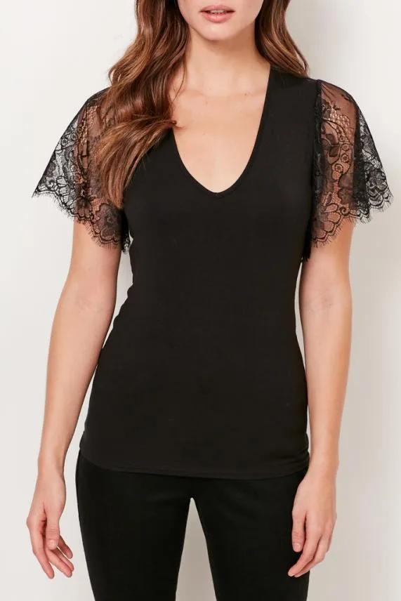 Sosandar Black Lace Sleeve Top Black Women Tops