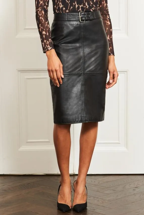 Sosandar Black Leather Buckle Detail Pencil Skirt Black Women Skirts