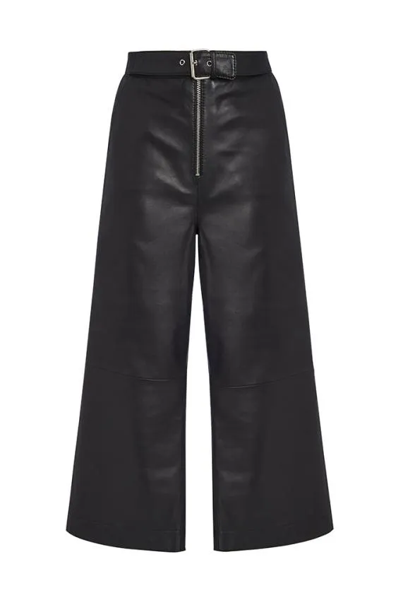 Sosandar Black Leather Cropped Wide Leg Trousers Black Women Trousers and Leggings