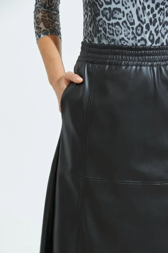 Sosandar Black Leather Look Elasticated Waist Midi Skirt Black Women Skirts
