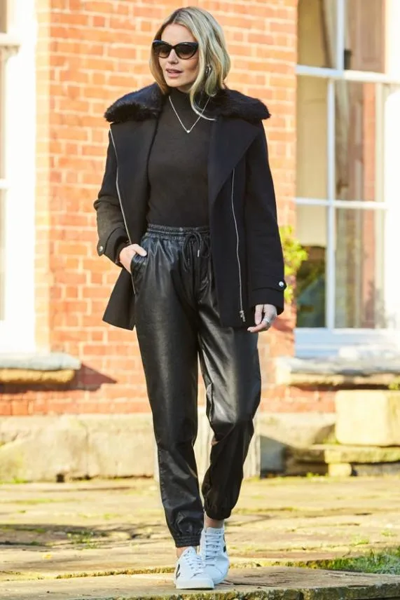 Sosandar Black Leather Look Stretch Waist Joggers Black Women Trousers and Leggings