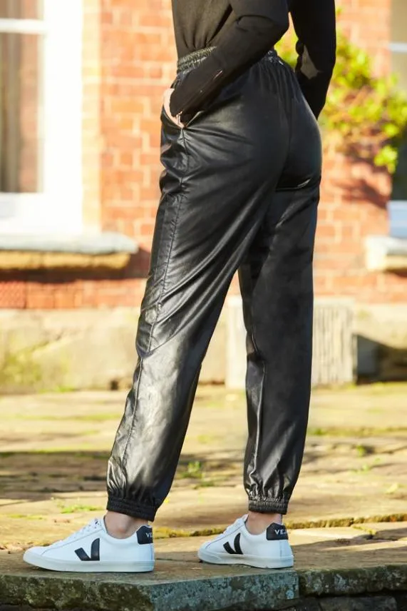 Sosandar Black Leather Look Stretch Waist Joggers Black Women Trousers and Leggings