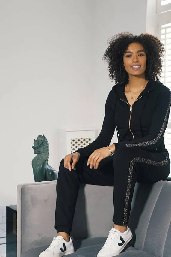 Sosandar Black Leopard Stripe Hooded Top With Rose Gold Trim Black Women Loungewear