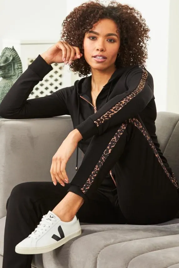 Sosandar Black Leopard Stripe Hooded Top With Rose Gold Trim Black Women Loungewear