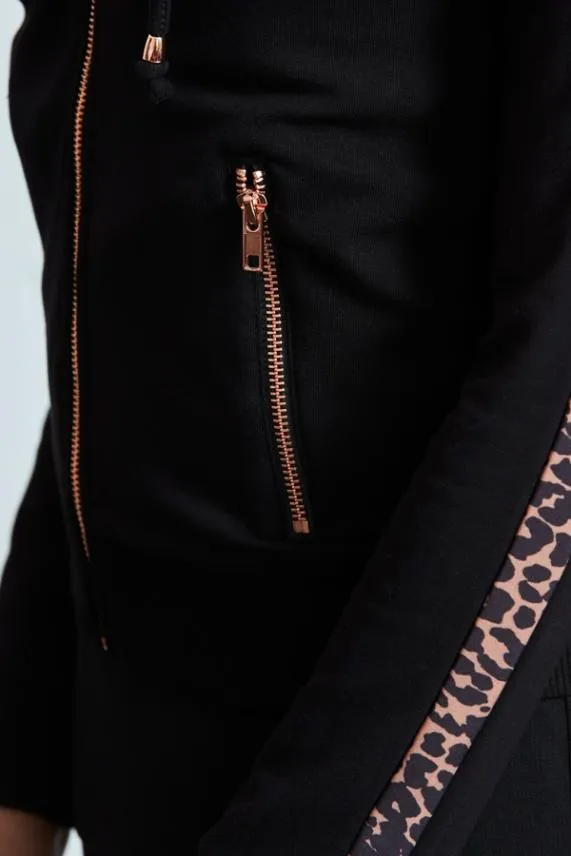 Sosandar Black Leopard Stripe Hooded Top With Rose Gold Trim Black Women Loungewear