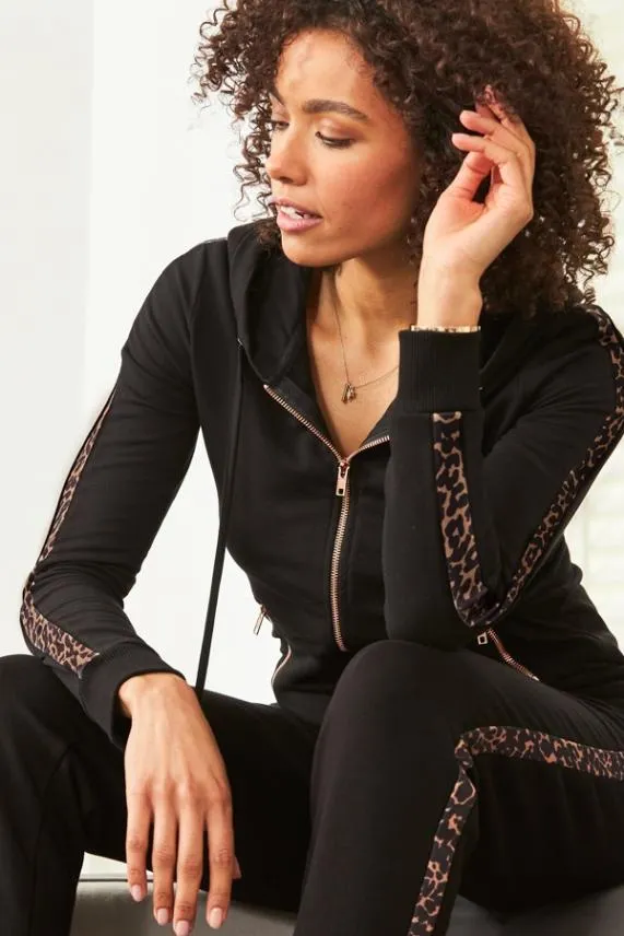 Sosandar Black Leopard Stripe Hooded Top With Rose Gold Trim Black Women Loungewear