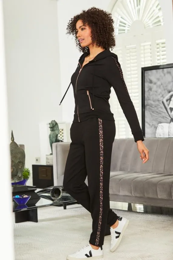Sosandar Black Leopard Stripe Hooded Top With Rose Gold Trim Black Women Loungewear