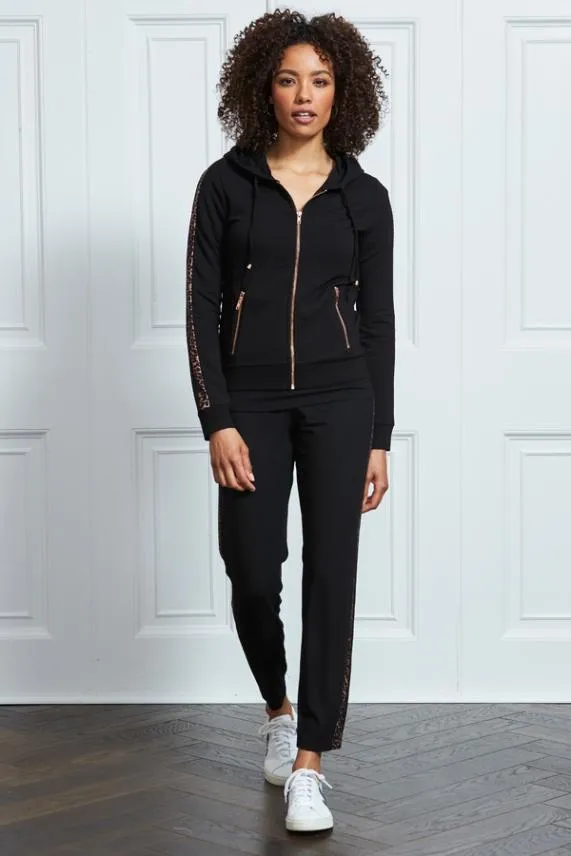Sosandar Black Leopard Stripe Hooded Top With Rose Gold Trim Black Women Loungewear