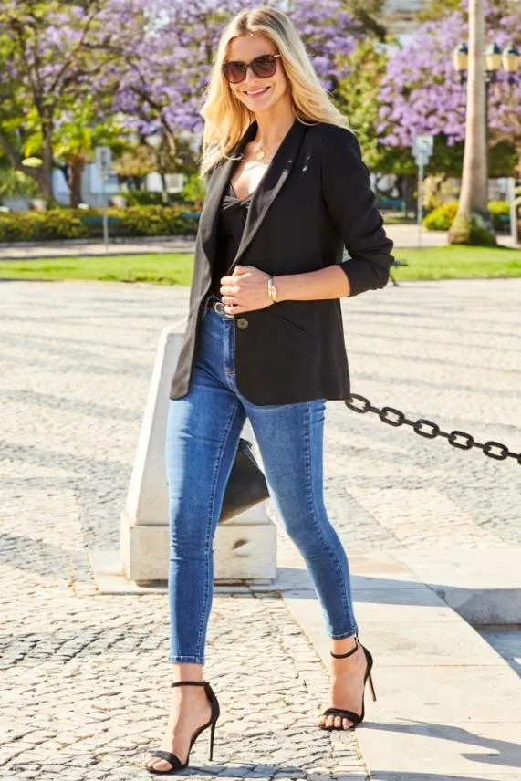 Sosandar Black Longline Relaxed Fit Blazer Black Women Jackets and Coats