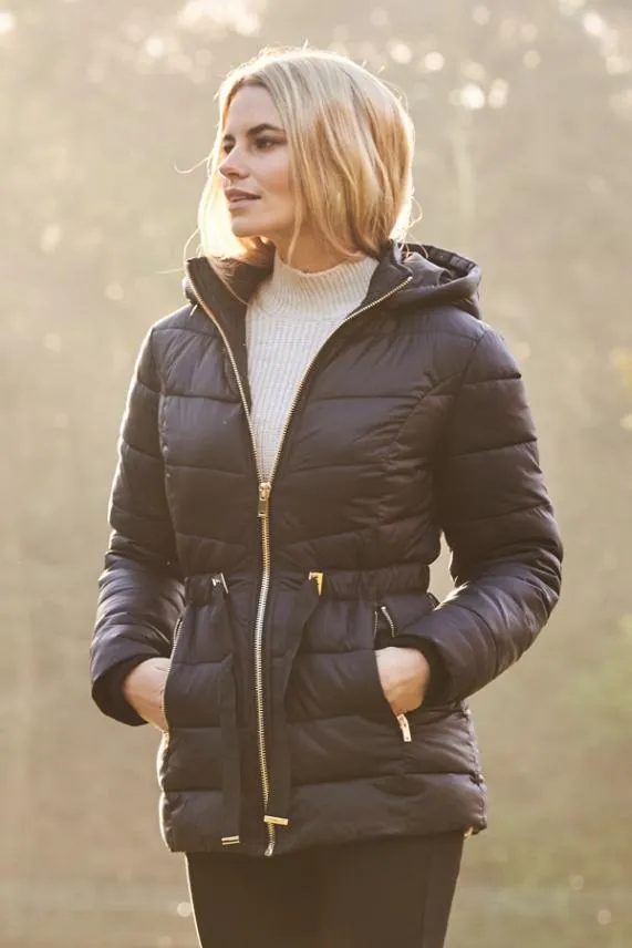 Sosandar Black Luxe Gold Trim Padded Coat With Adjustable Waist Black Women Jackets and Coats Sosandar Black Luxe Gold Trim Padded Coat With Adjustable Waist Black Women Jackets and Coats