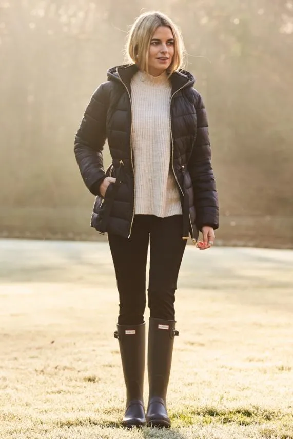 Sosandar Black Luxe Gold Trim Padded Coat With Adjustable Waist Black Women Jackets and Coats