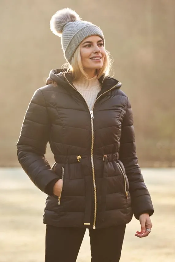 Sosandar Black Luxe Gold Trim Padded Coat With Adjustable Waist Black Women Jackets and Coats