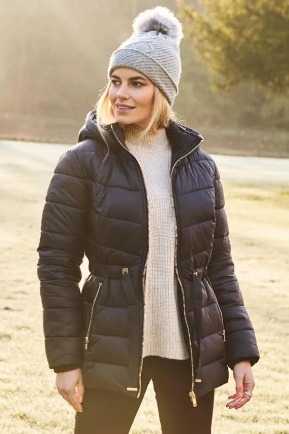 Sosandar Black Luxe Gold Trim Padded Coat With Adjustable Waist Black Women Jackets and Coats