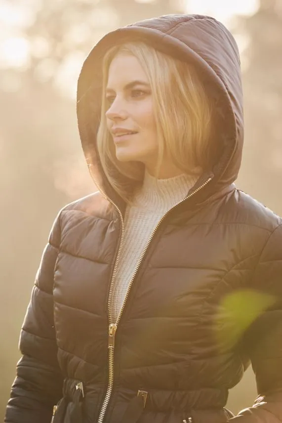 Sosandar Black Luxe Gold Trim Padded Coat With Adjustable Waist Black Women Jackets and Coats
