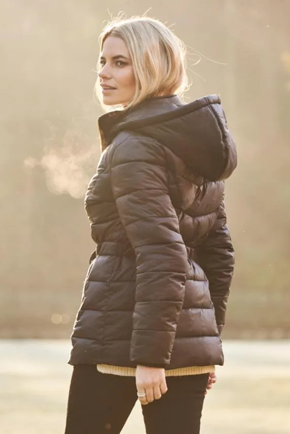 Sosandar Black Luxe Gold Trim Padded Coat With Adjustable Waist Black Women Jackets and Coats