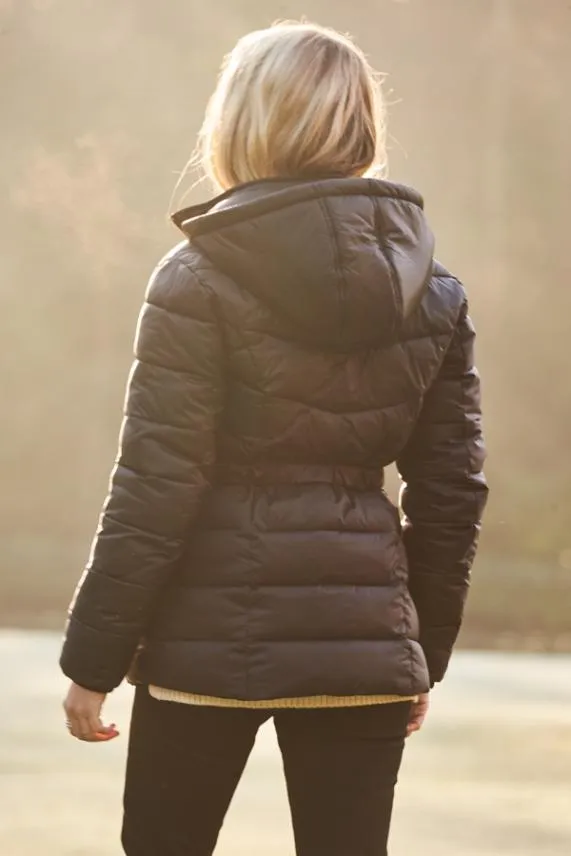 Sosandar Black Luxe Gold Trim Padded Coat With Adjustable Waist Black Women Jackets and Coats