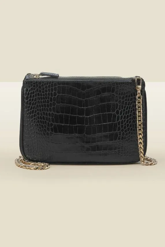 Sosandar Black Luxe Leather Croc Effect Bag With Gold Chain Strap Black Women Bags and Belts