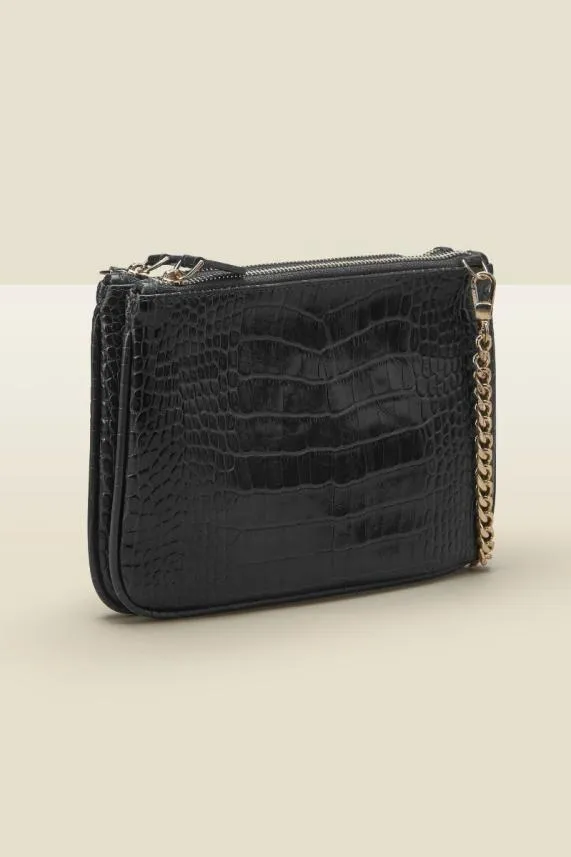Sosandar Black Luxe Leather Croc Effect Bag With Gold Chain Strap Black Women Bags and Belts