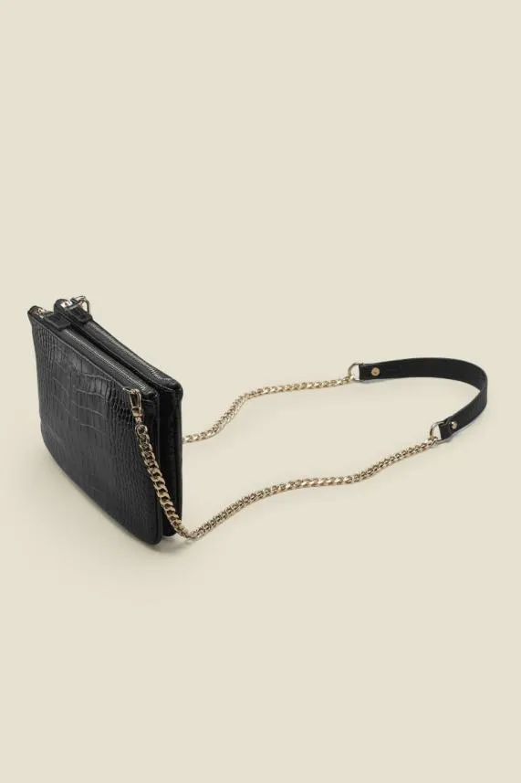 Sosandar Black Luxe Leather Croc Effect Bag With Gold Chain Strap Black Women Bags and Belts