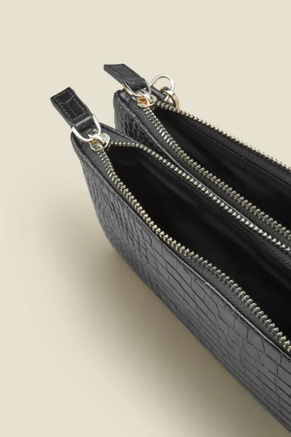 Sosandar Black Luxe Leather Croc Effect Bag With Gold Chain Strap Black Women Bags and Belts