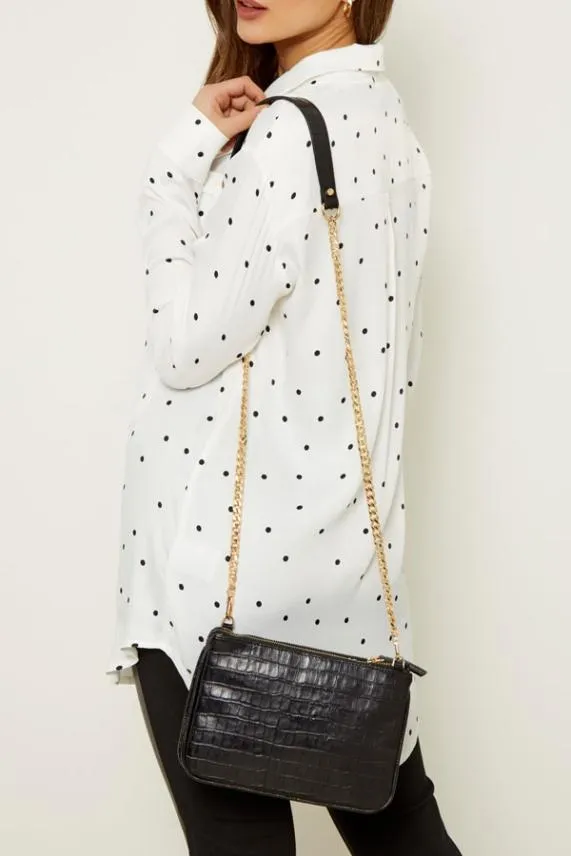 Sosandar Black Luxe Leather Croc Effect Bag With Gold Chain Strap Black Women Bags and Belts
