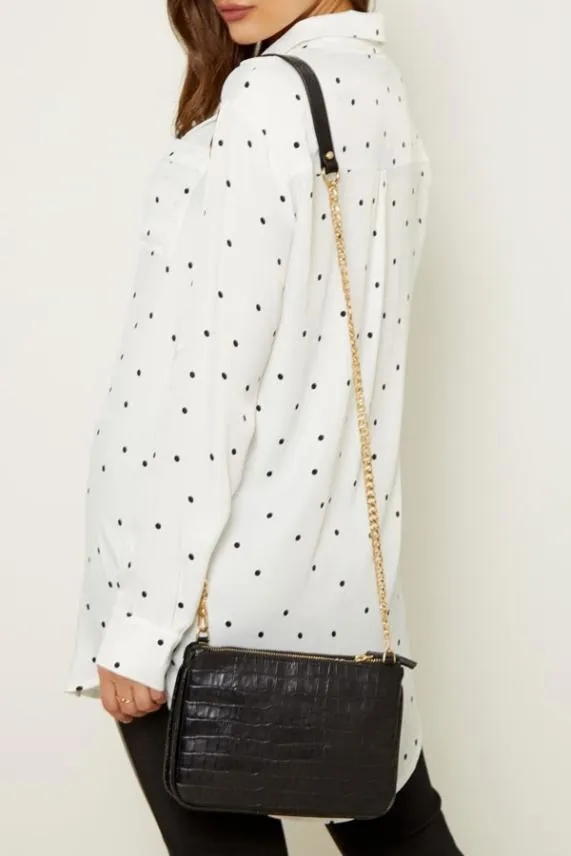 Sosandar Black Luxe Leather Croc Effect Bag With Gold Chain Strap Black Women Bags and Belts