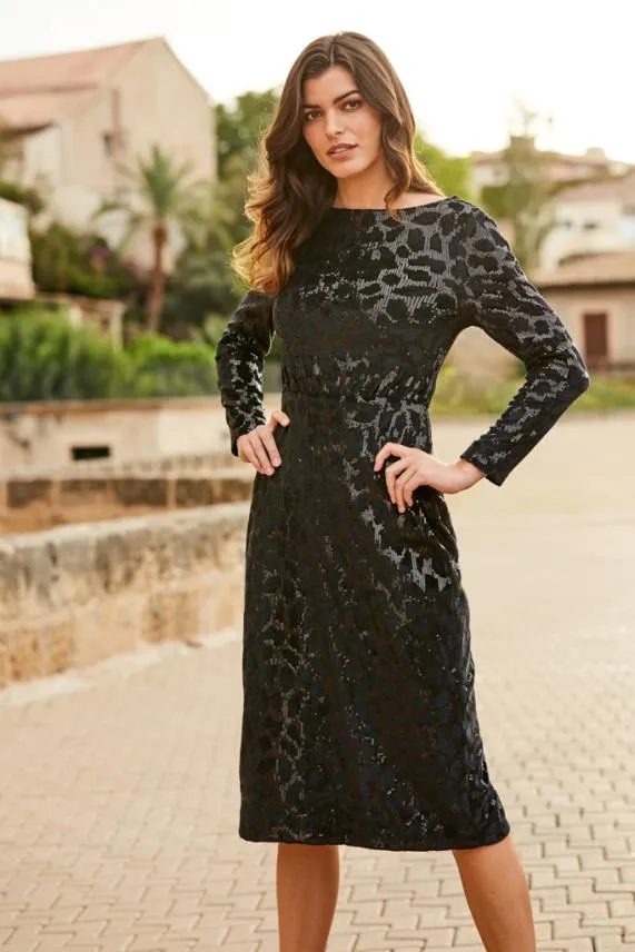 Sosandar Black Luxe Velvet Stretch Waist Relaxed Glamour Dress Black Women Dresses