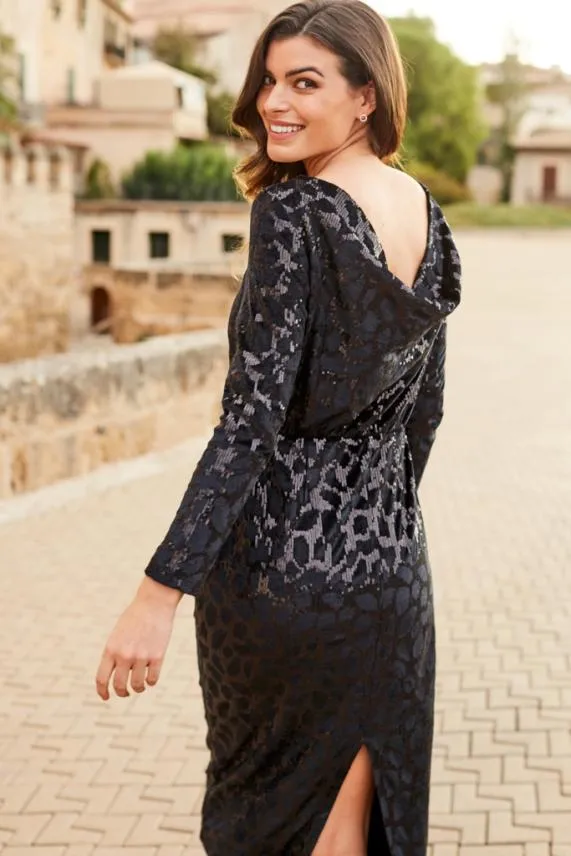 Sosandar Black Luxe Velvet Stretch Waist Relaxed Glamour Dress Black Women Dresses