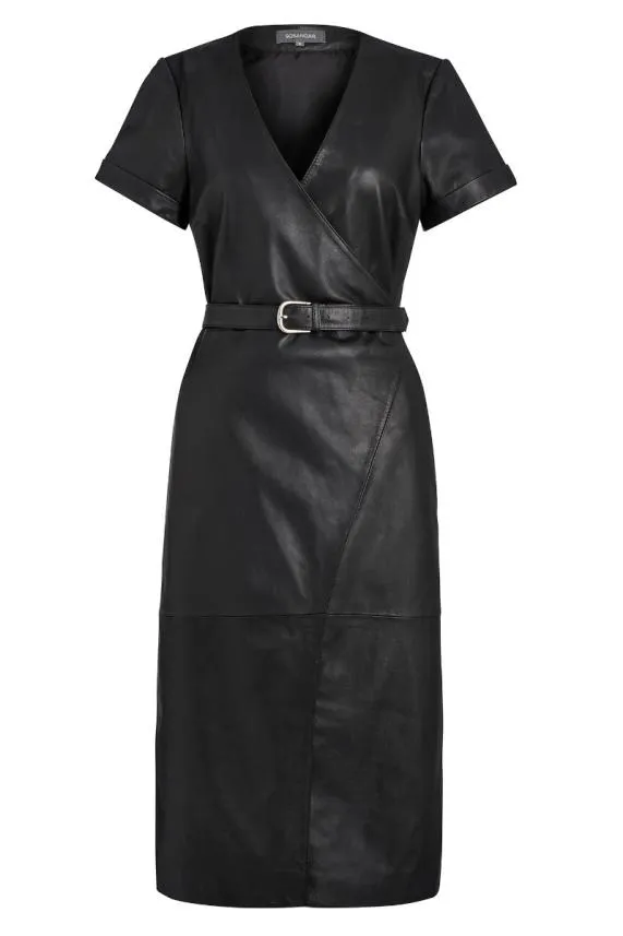Sosandar Black Luxury Leather Belted Wrap Dress Black Women Dresses
