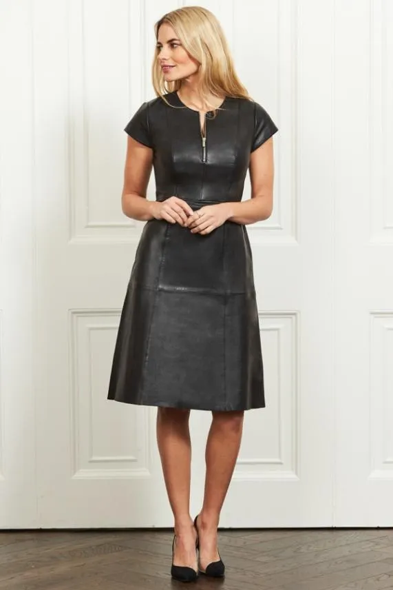 Sosandar Black Luxury Leather Zip Front Fit and Flare Dress Black Women Dresses