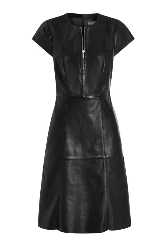 Sosandar Black Luxury Leather Zip Front Fit and Flare Dress Black Women Dresses